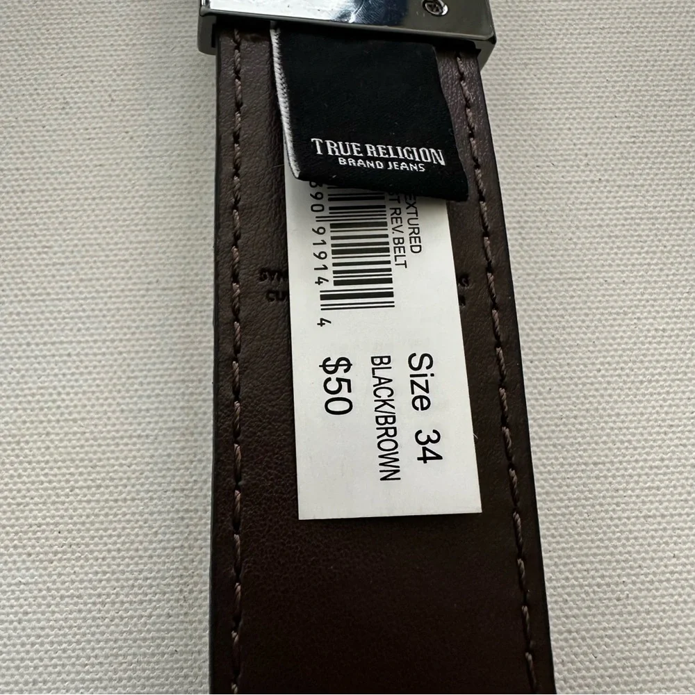 True Religion Black Men’s Reversible Belt with Polished Gunmetal Buckle Size 34